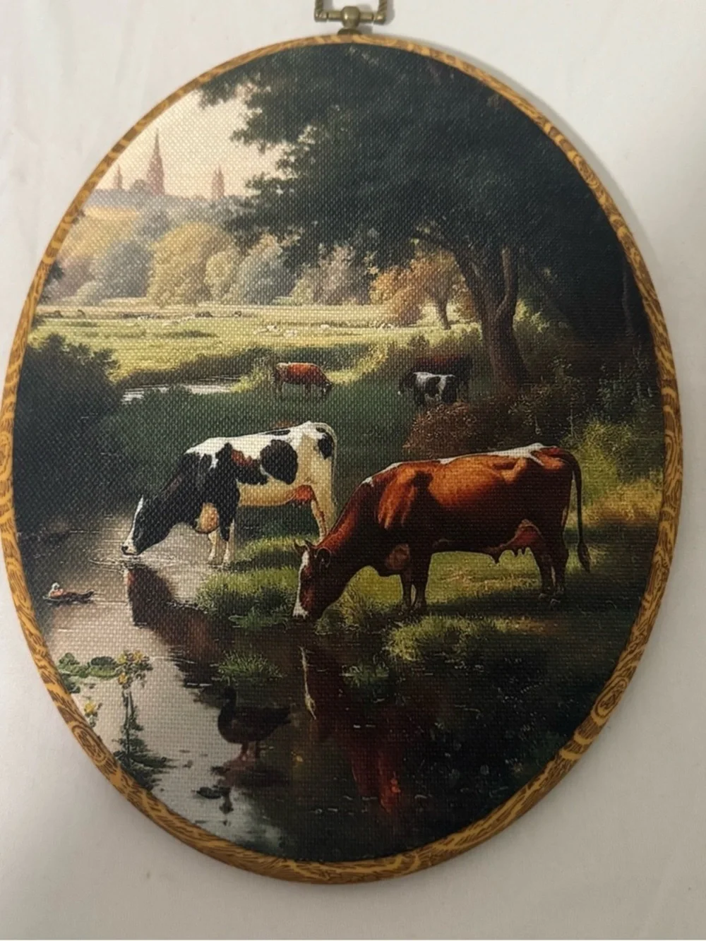 Paintings of (2) Pastoral Country Landscape Scenery Wall Art Decor Cows Oval EUC